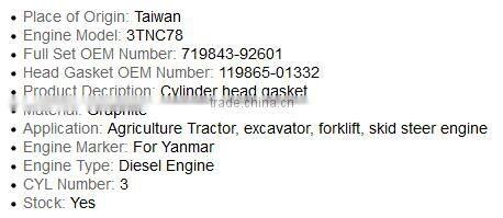 3TNC78 graphite head gasket for Yanmar diesel tractor engine replacement parts