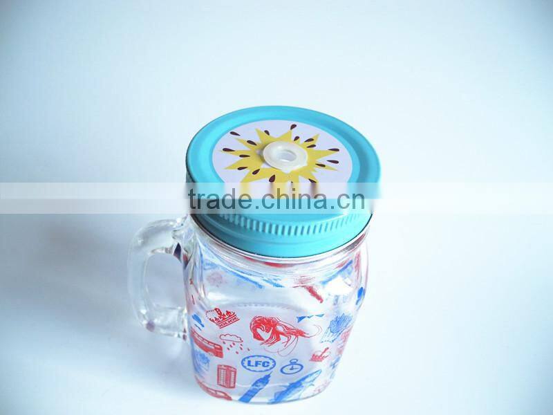 printed beverage use glass mason jar with fruit lid straw