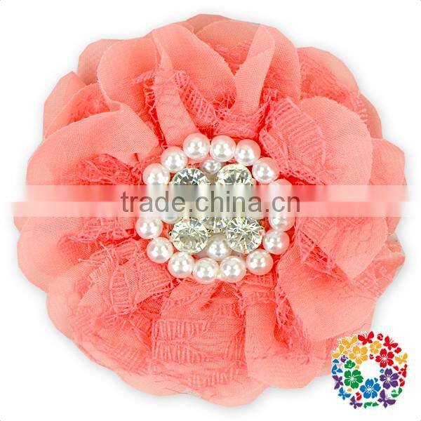 posh ivory cheap wholesale handmade rhinestone center lace fabric flower