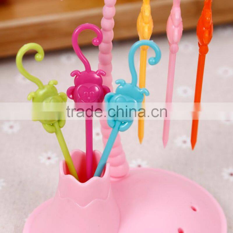 Factory best price ABS colorful disposable top quality animal mokey shape plastic fruit fork