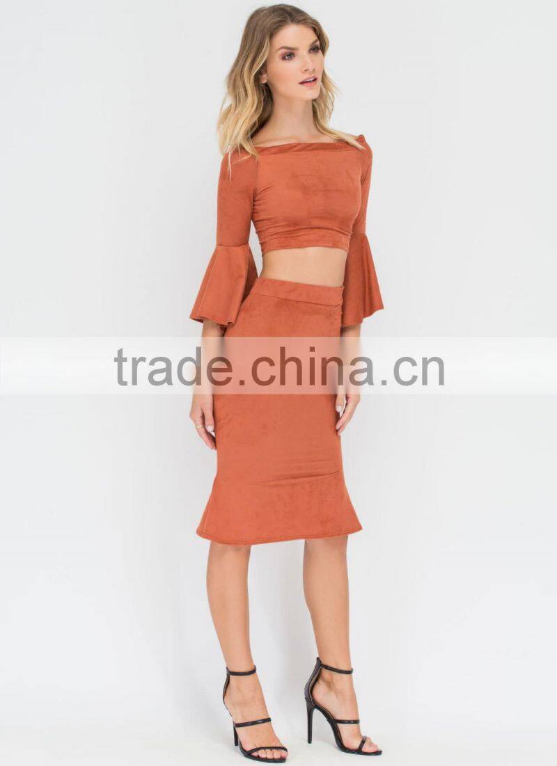 Ladies designer skirt suits off shoulder flared sleeve crop top and tight fishtail skirt