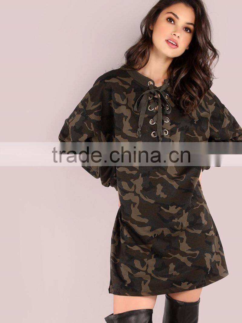 Allover Printing Camo Design Female Oversized Lace Up Long Sleeve Sweatshirt Dress