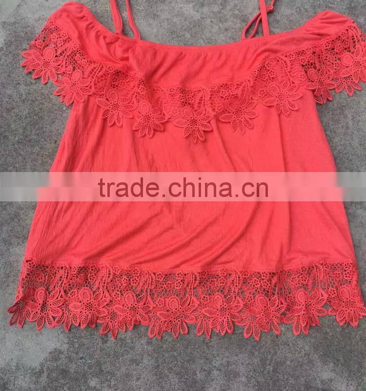 Stocklots ladies lace plain red boat neck t-shirts