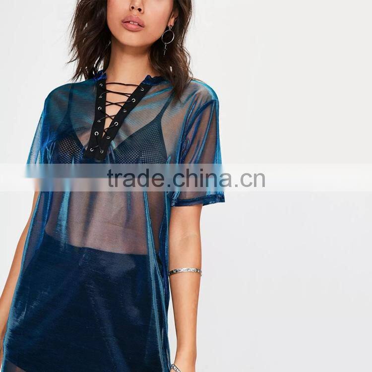 HAODUOYI Fashion Semi-sheer Women T-shirt Weave lace-up V-neck Short Sleeve Long Length Clothing Sexy Loose Tops for Wholesale