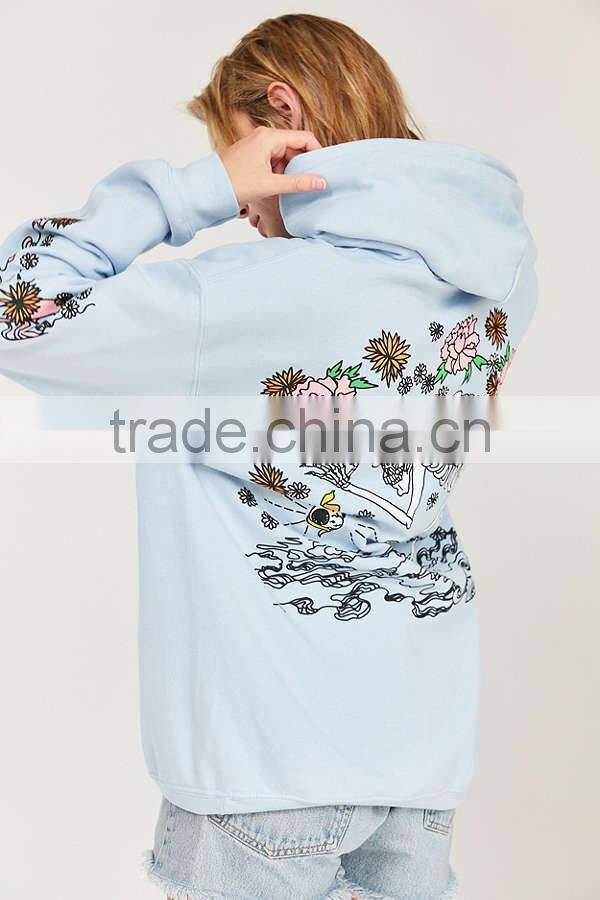 MGOO 2017 Noise Skeleton Flower Hoodie Sweatshirt Cotton Blends Fleece Light Blue Putover Hoodies