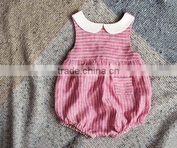 New Model Newborn Baby Clothes Wholesale Girls Linen Fabric Bodysuit With Lace Peter Pan Collar Infant Romper