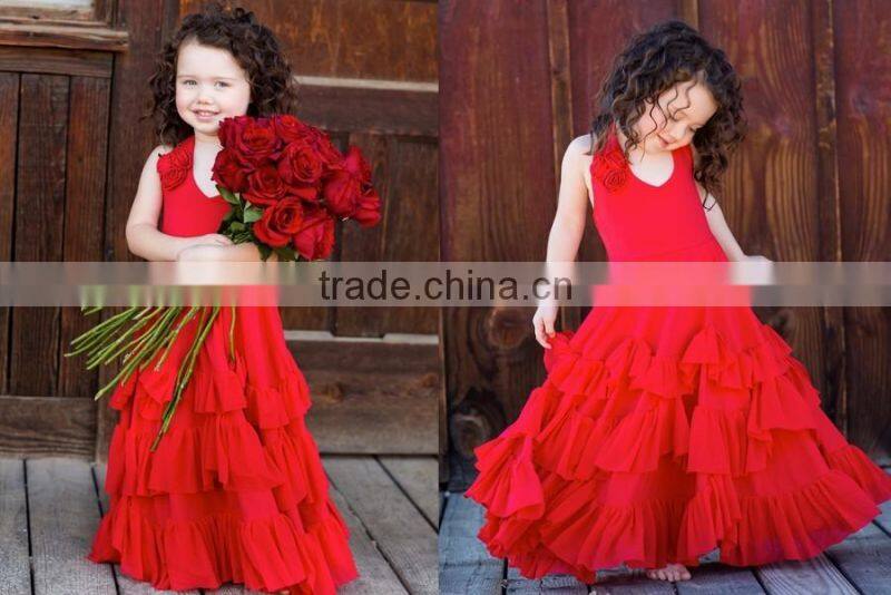 2017 New Arrive Little Girls Christmas Party Red Ruffle Twril Dress Pexi Girls Maxi Dresses