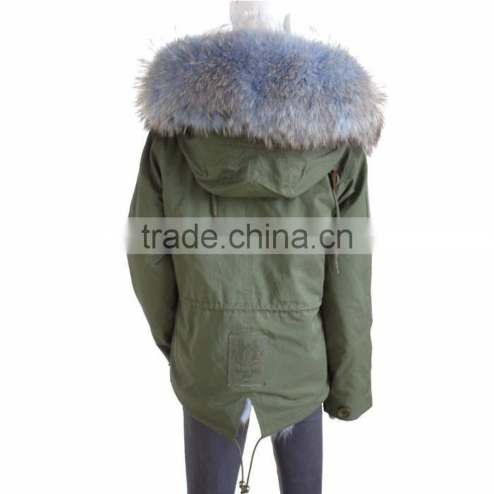 Myfur Fashion Adults Unisex Parka with Wolf Fur Lining Dyed Raccoon Fur Hooded Collar