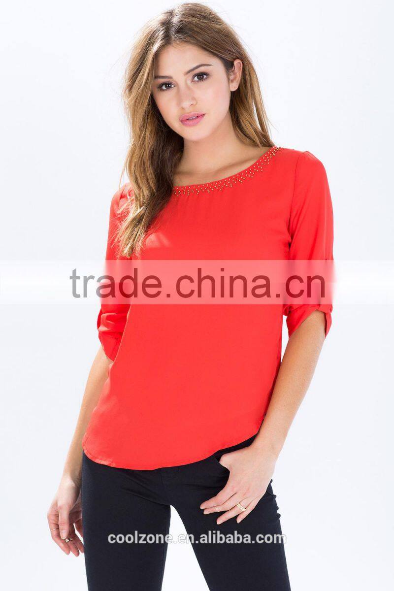 Latest roll sleeves beaded woman blouse fashion blouse for daily life