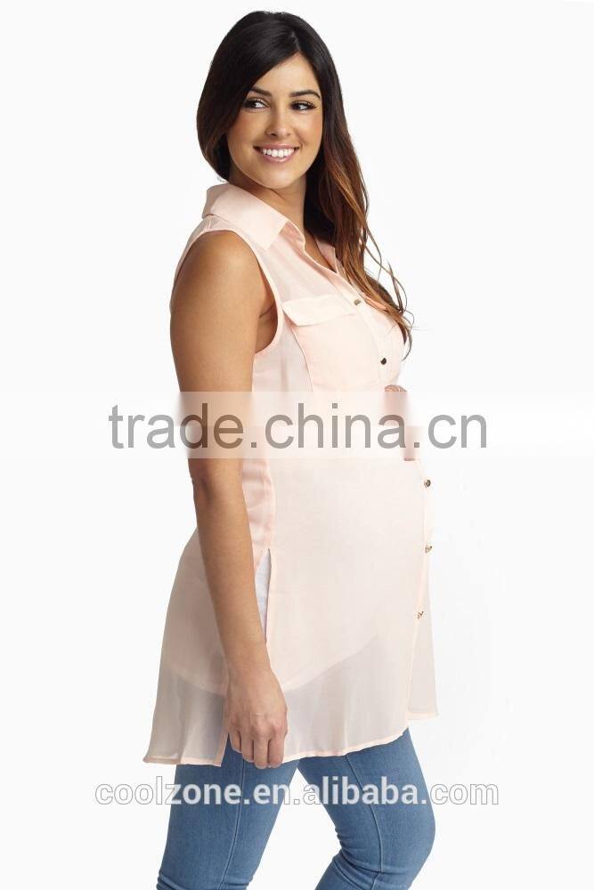 100% Polyester double pocket front chiffon blouse for maternity nursing clothes
