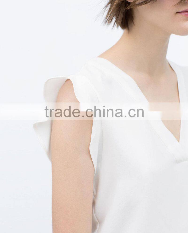 Fashion Ruffles Sleeves Women V Neck White Tank Tops Blank Chiffon Shirt