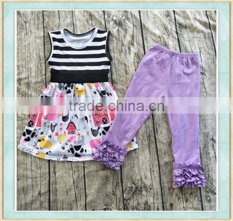 2017 stylish girl outfit clothing dancing girl pattern print top and bule ruffle pant baby wear clothes