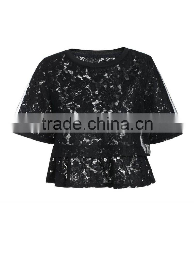 2016 ladies black lace loose style short sleeve O-neck shirt/blouse