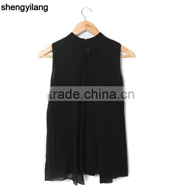 Most fashionable smooth cut women black 100% polyester shirt custom pure color sleeveless shirt in guangzhou