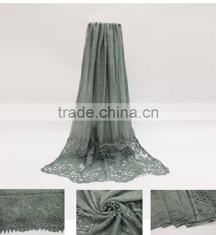 New fashion concise style plain dyed linon viscose thin flower lace trim ribbon hijab scarf