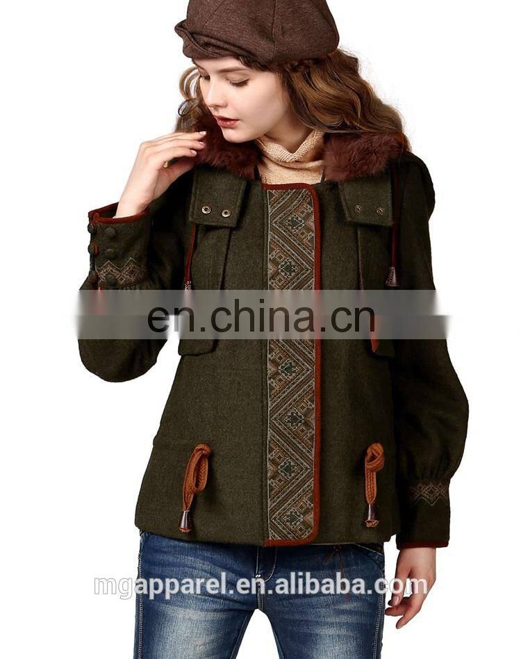 2015 Fashion winter warmth short coat embroidered draw string hooded rabbit fur collar woman coat