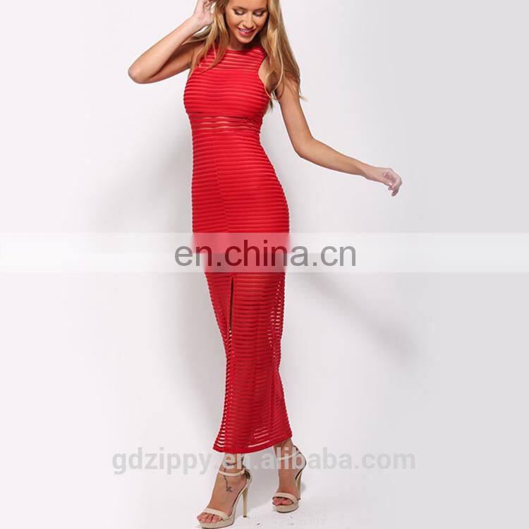 Sleeveless mesh stripe detial red net designer boutique dresses