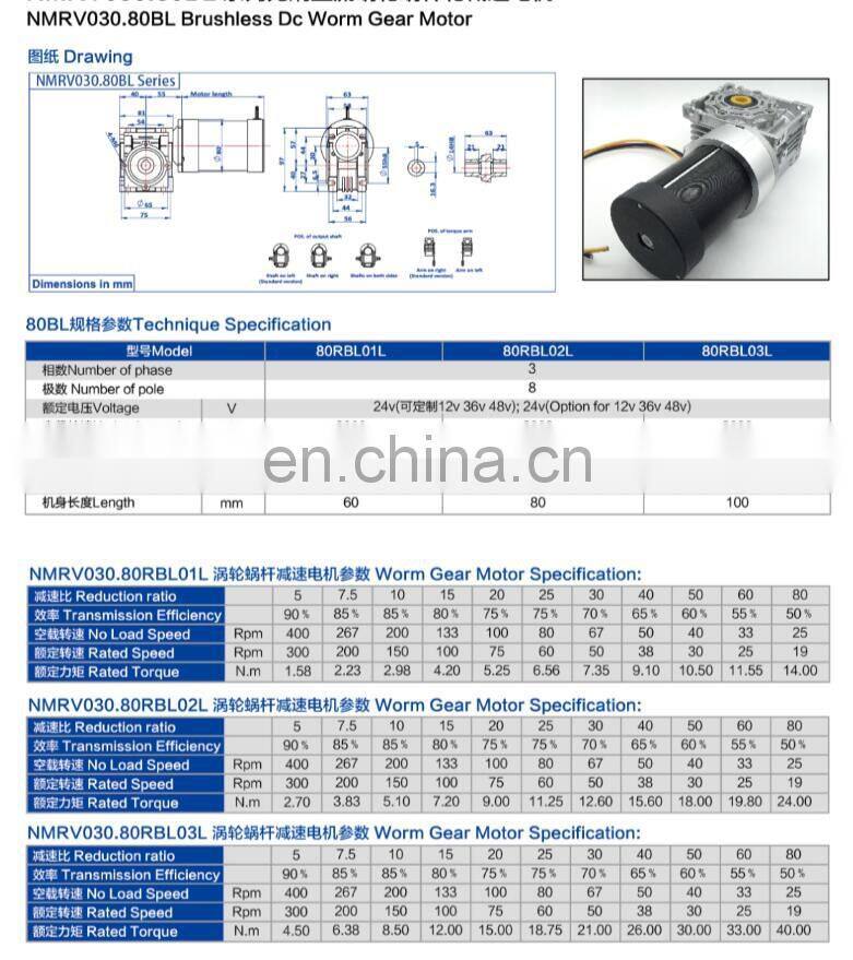 NMRV030.80BL NMRV040.80BL Series High Torque Brushless Dc Worm Gear Reducer BLDC Motor