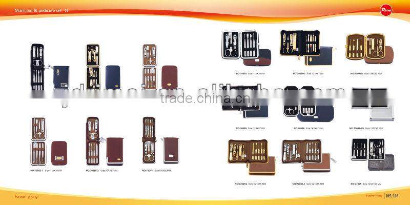 Travel manicure set in hard, purple leopard print case Vintage unused Hong Kong manicure set