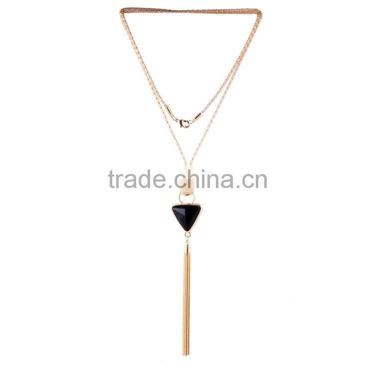 Bohemian Multilayers Long Chain Triangle Resin Bead Pendant Tassel Necklace