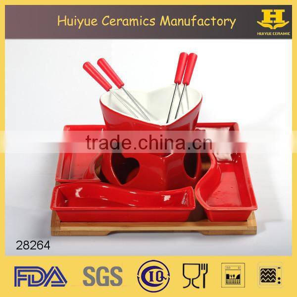 ceramic chocolate fondue set with bamboo base