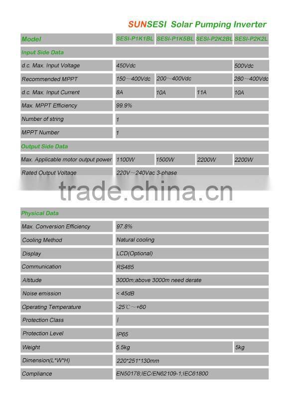 2.2kW three phase 220v 60Hz Pure Sine Wave Solar pumping controller for irrigation