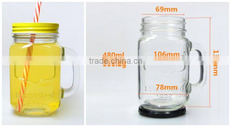 14oz Hot sale relief mason jar mug with handle metal lid clear glass mason bottles