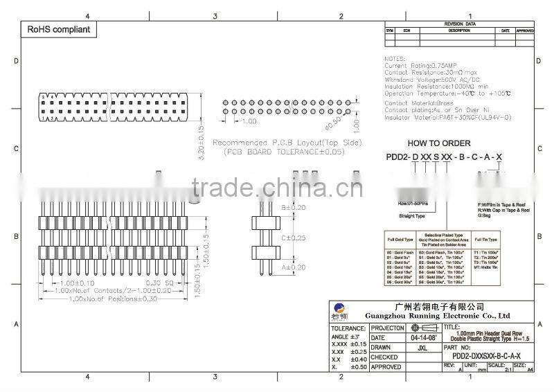 2 Row Double Plastic Straight Type Pin Header 1.0mm Insulator Height=1.5