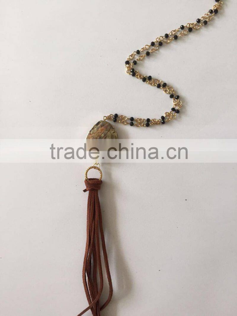 Latest Popular Natural Stone Beads Jeweled Slim Velvet Tassel Necklaces