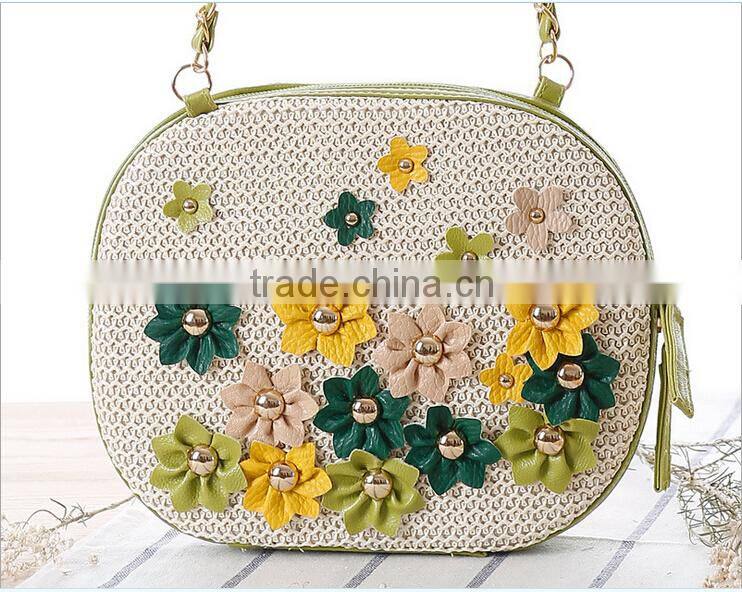2016 Ladies Paper straw with flower lady straw basket beach bag with string