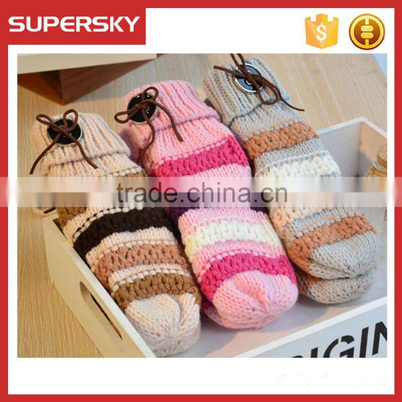 V-394 fashion crochet stripe women winter mittens gloves with button hand warmer mitten gloves knit arm warmer