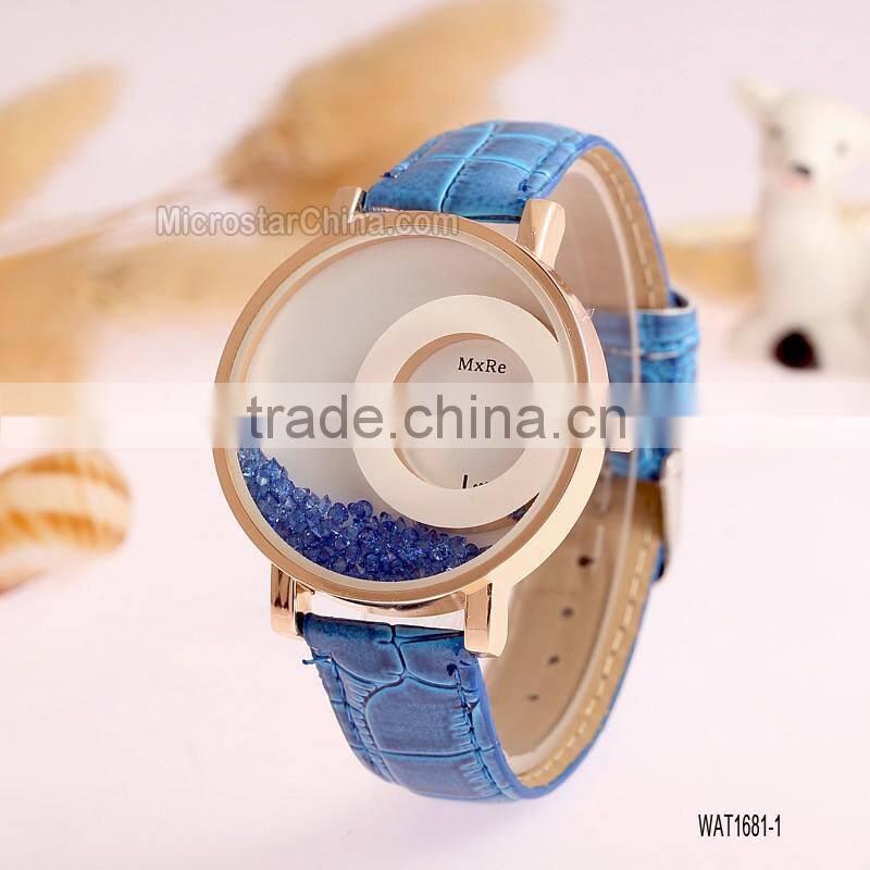 Elegant Women Quicksand Faux Leather Band Bracelet Round Dial Analog Wrist Watch