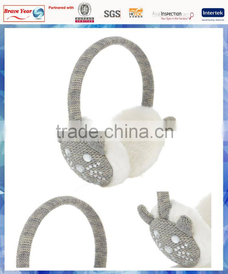 young girls jewel cat knitted earmuff with fluffy lining