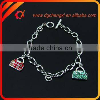 Promotion bling design link bracelet with fashion handbag charms