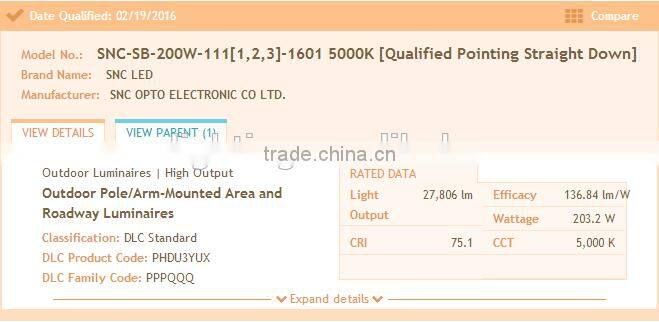 UL DLC Certification and Magnesium Alloy housing 200w led outdoor parking lot lighting