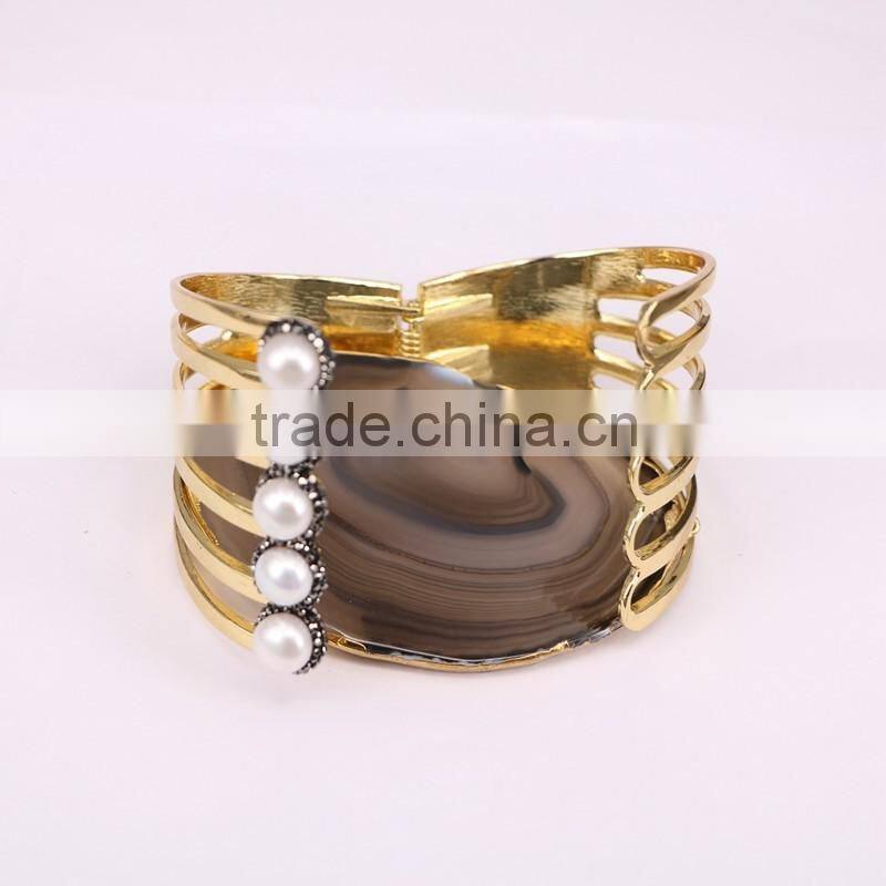 NEW GOOD Gold Electroplated Brass Bangles, with Freshwater Pearl and Crystal Paved 6-Line Jewelry Bangles in Adjustable Size