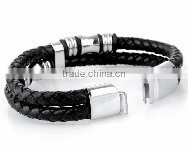 OEM manufacturer men's stainless steel black magnetic wrap leather bracelet