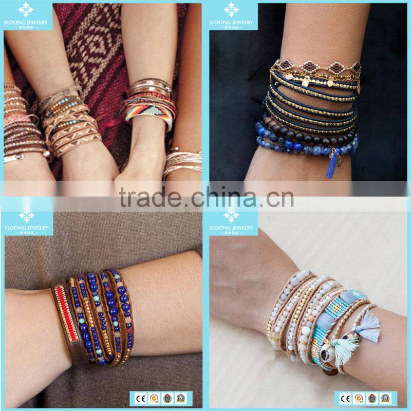 European Stone Strawberry Quartz Mix Single Wrap Bead Bracelets on Natural Dark Brown Leather