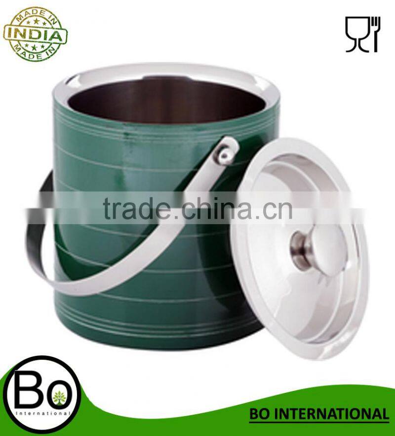 Stainless Steel Ice Bucket Double Wall in Green Powder Coated finish & Spiral Design - 18 x 8 cm
