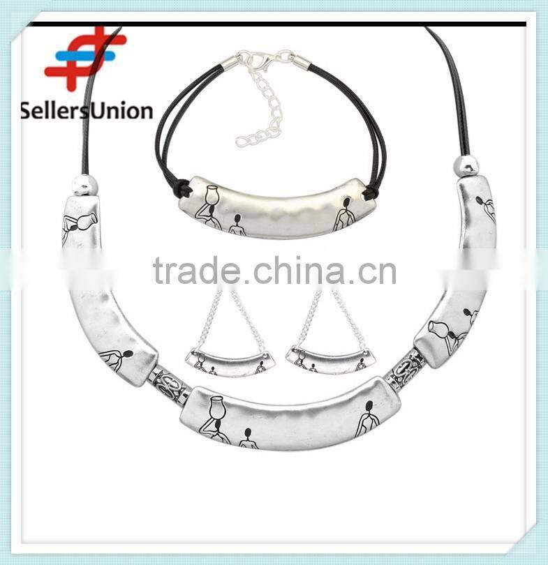 No.1 yiwu exporting commission agent wanted pu black long chain necklace/earrings/bracelet jewelery set