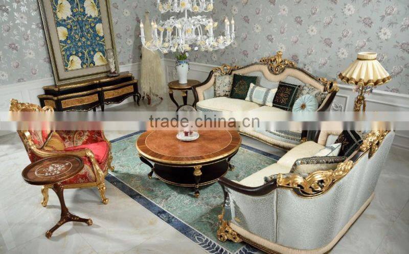 Palace Rococo 24K Gold Plated Wooden Veneer Luxury Fabric Sofa Set/European Living Room Furniture(MOQ=1 SET)