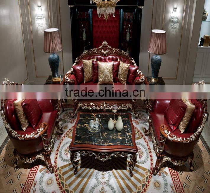 Luxury European style solid wood flower hand carving genuine leather sofa set