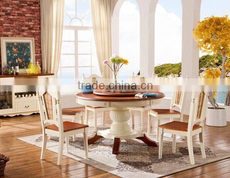 Fresh Mediterranean style solid wood white dinding room round dining table set