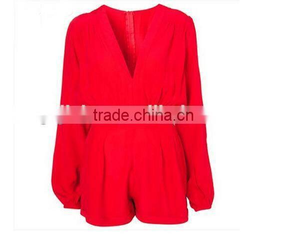 Sexy Ladies Women Jumpsuit Career Long Sleeve Chiffon Rompers Casual Short Pant Deep V-Neck Jumpsuit