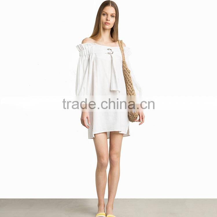 HAODUOYI Sexy Soil White Off Shoulder Women Dress Long Sleeve Sashes Wire Loop Ruffles Ladies Mini Vestidos for Wholesale