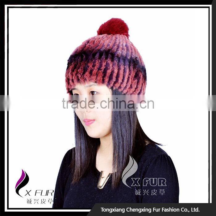 CX-C-58E Girls Fashion Wholesale Rex Rabbit Knitted Fur Hats Caps With Fur Ball