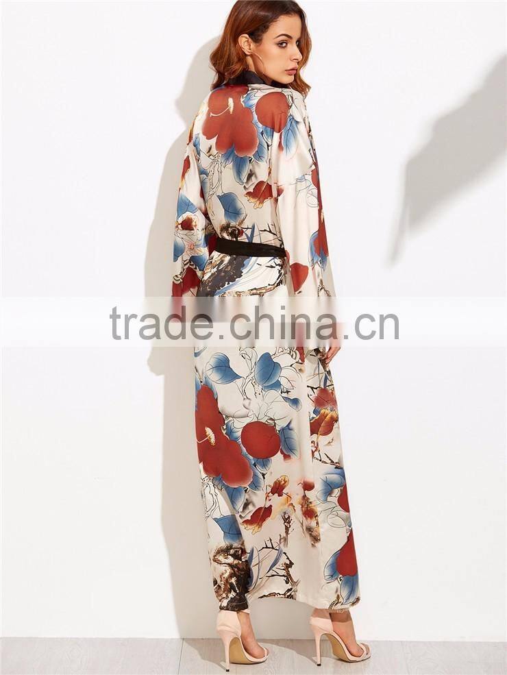 Custom Floral Print Women Beachwear Multicolor Flower Print Contrast Trim Belted Maxi Kimono