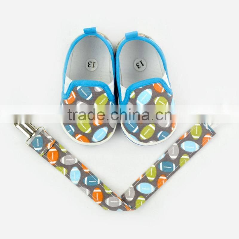 Stylish Rugby Pattern Newborn Blue Color Crib Shoes Baby Shoes Matching Pacifier Clip
