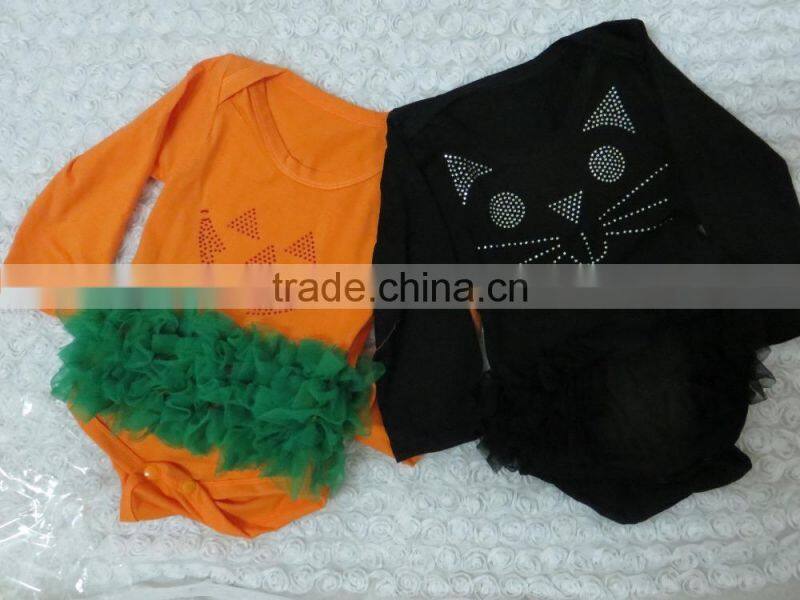 2015 orange romper long sleeve baby pumpkin romper with green lace ruffle baby clothes YW-143