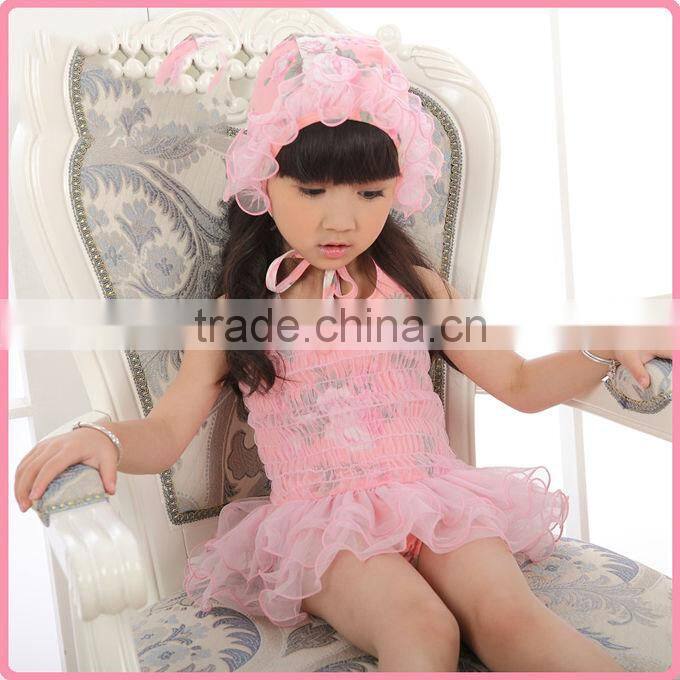 New Fashion Girls Summer Bathing Suit One-piece Nylon And PU Swimwear With Lace And Hat Chilren Princess Swim Dresses SR40416-10